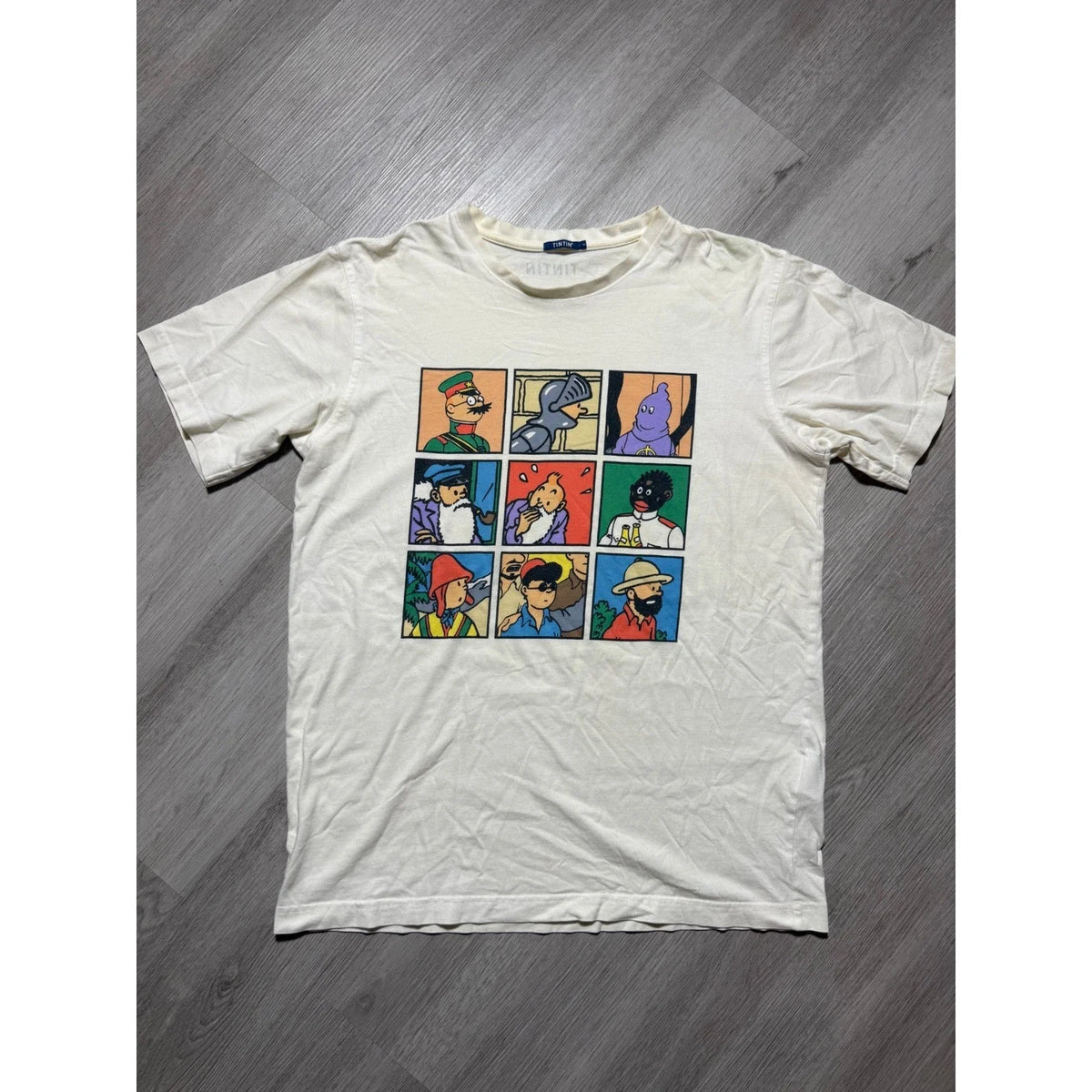 Tintin Graphic T-Shirt Mens Small Cream Cotton Comic Grid Herge Moulinsart S