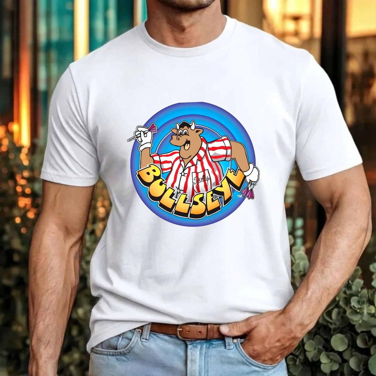 Bullseye Cartoon Bull Target T-Shirt Retro Dartboard Mascot Vintage Gift Tee Top