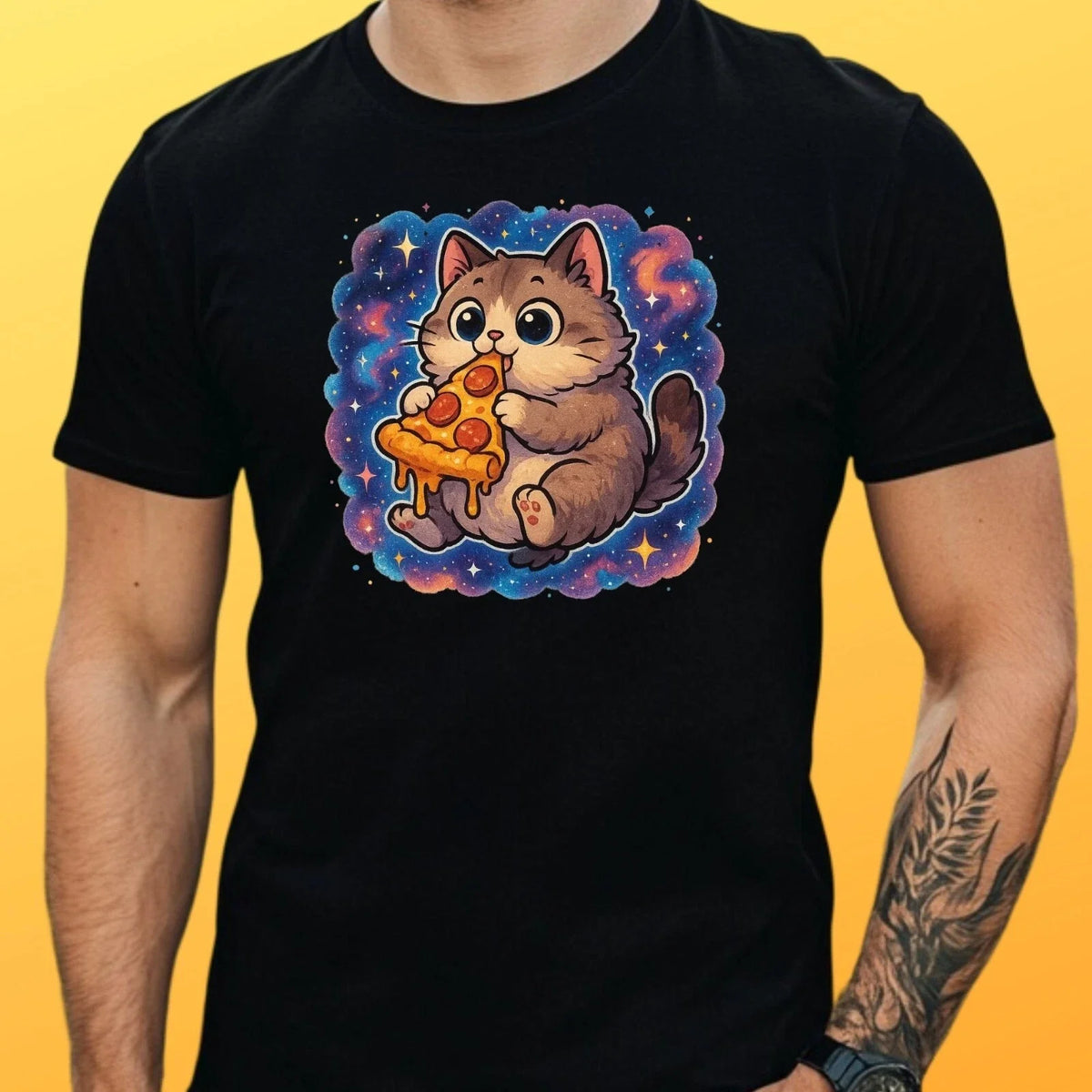 Cat Eating Pizza In Space Theme Cotton Mens T-Shirt Size XS to 5XL