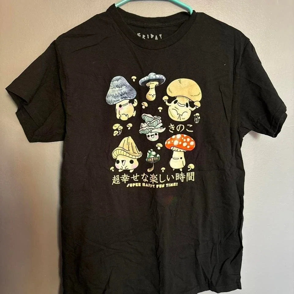 Friday Jr Mushroom Graphic Tee Black Super Happy Fun Time Kawaii Shirt Medium
