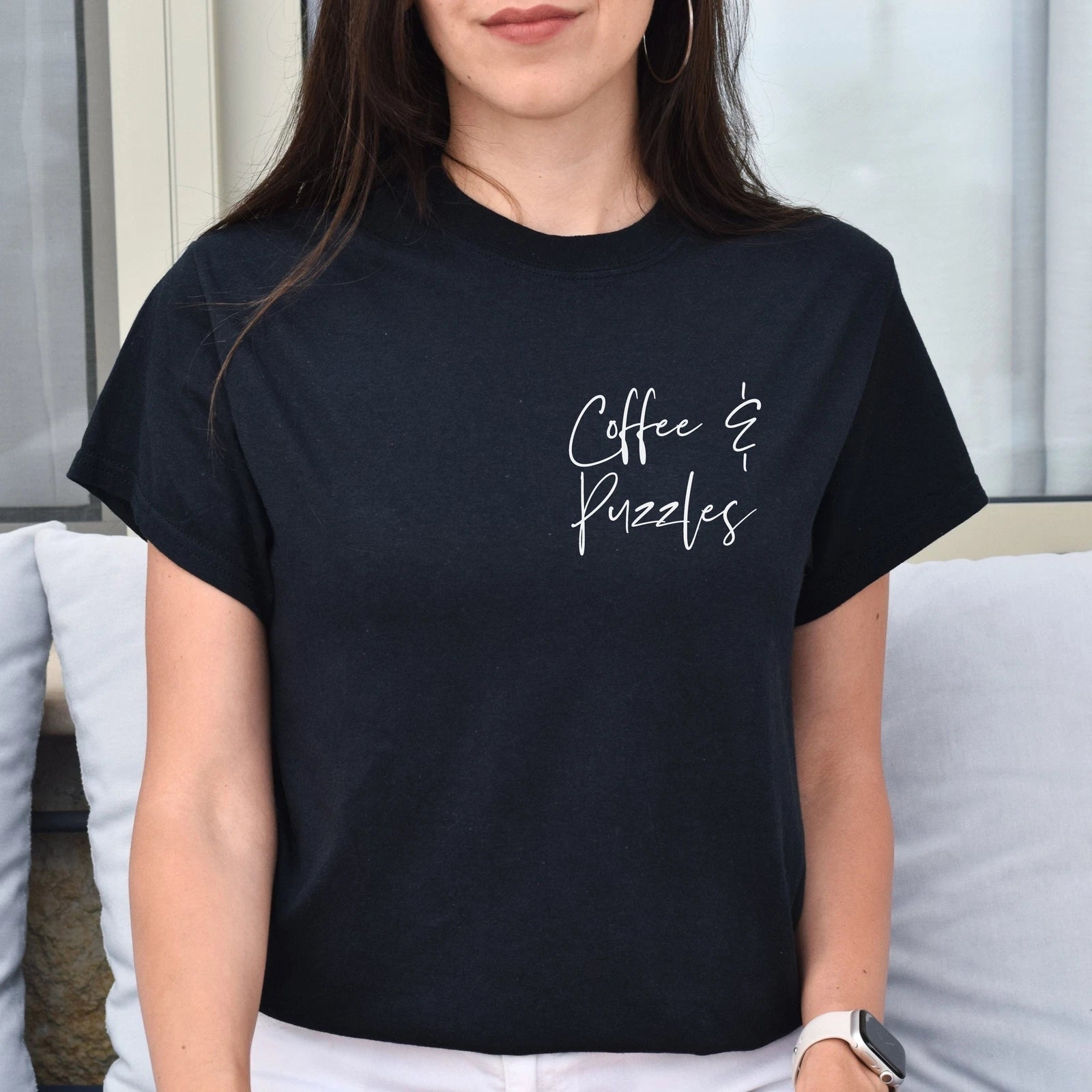 Coffee and puzzles pocket Unisex T-shirt Puzzles lover tee Black Navy Dark Heath