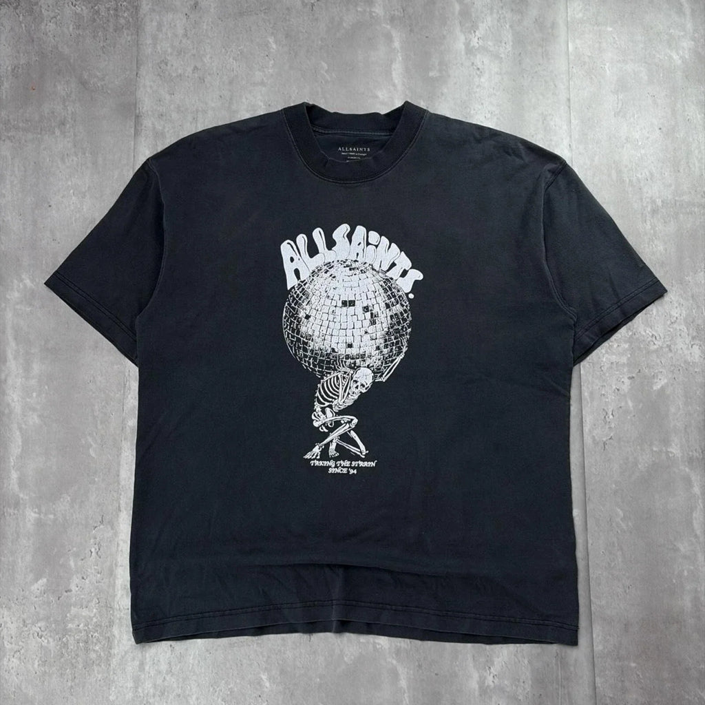 Y2K Black All Saints Grunge Skull Logo Oversized Faded T-Shirt