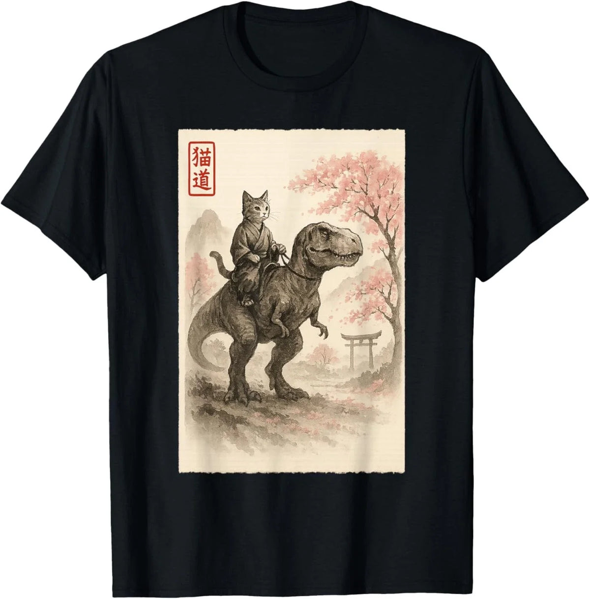 Funny Sumi-e Kawaii Cat Riding Dinosaur Japanese Art T-Shirt