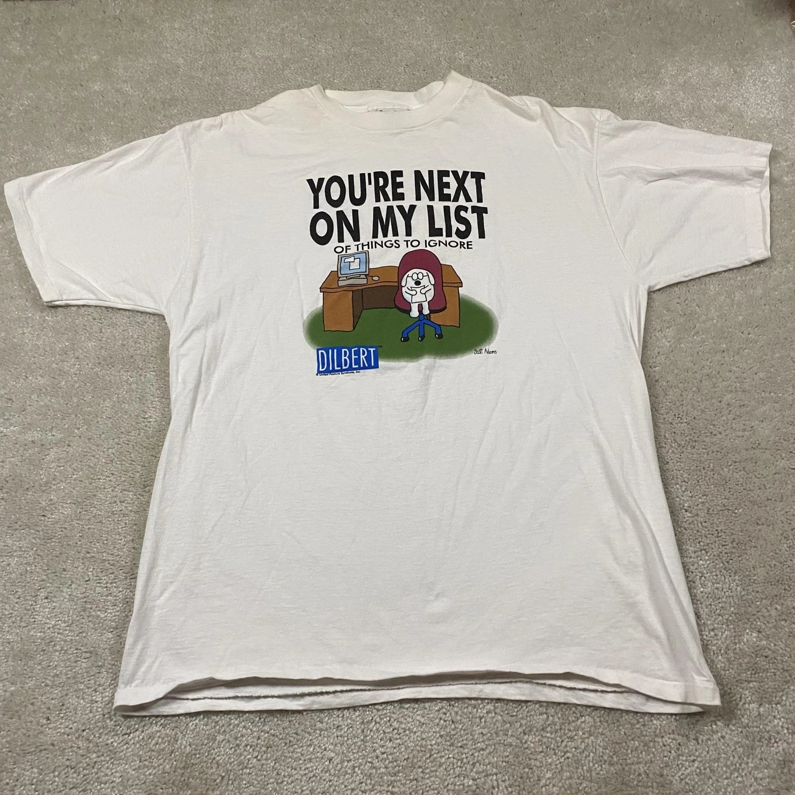 VTG Dilbert Shirt Mens XL White Dogbert Next On My List Graphic Tee 90s Computer