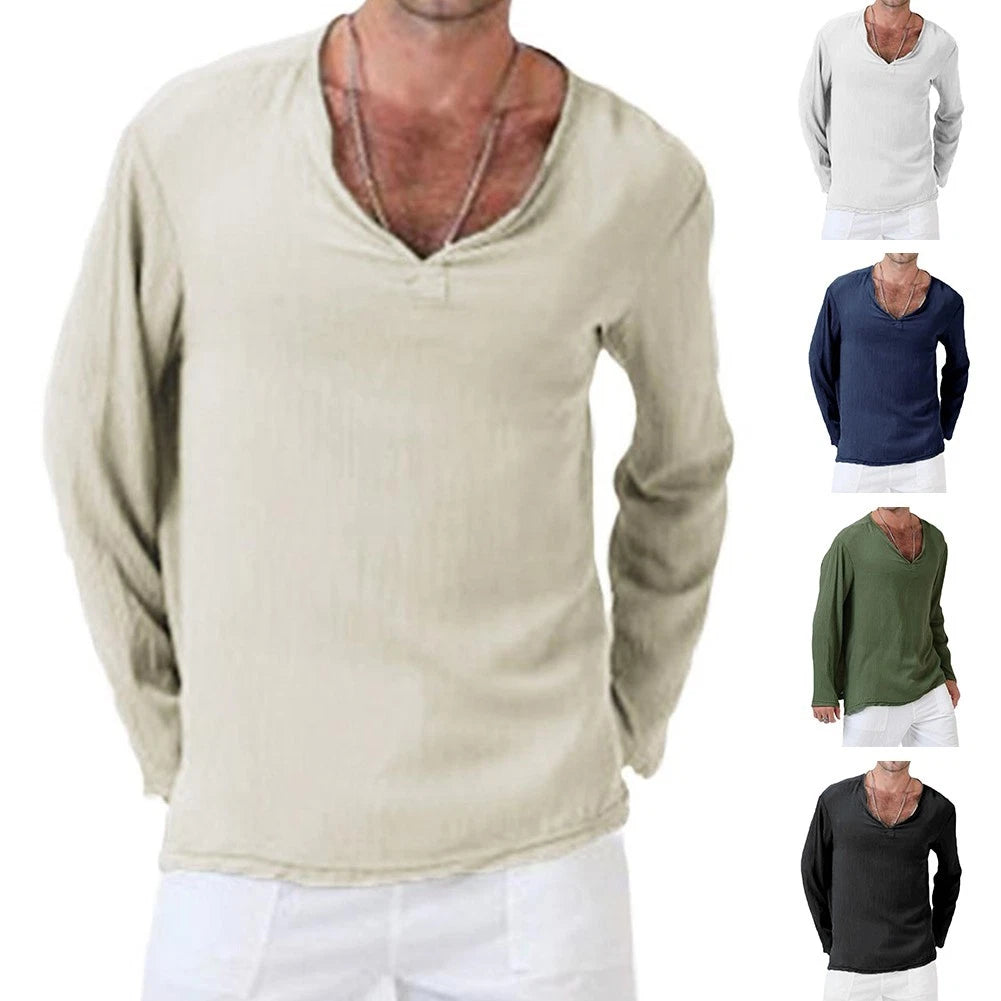 Long Sleeve V-neck Shirts Daily Wear Fashion Retro Style Comfortable Fit
