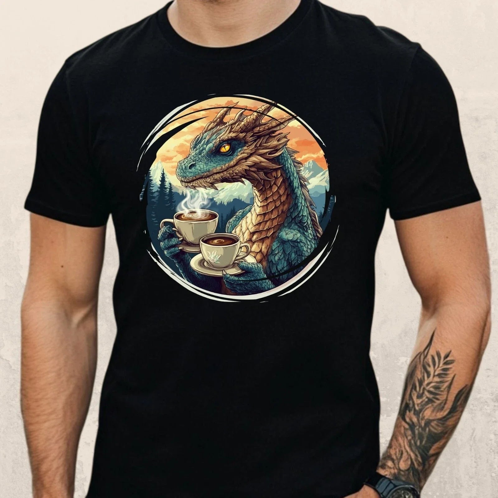 Mens Dragon Drinking Coffee Motif Cotton T-Shirt Size XS to 5XL