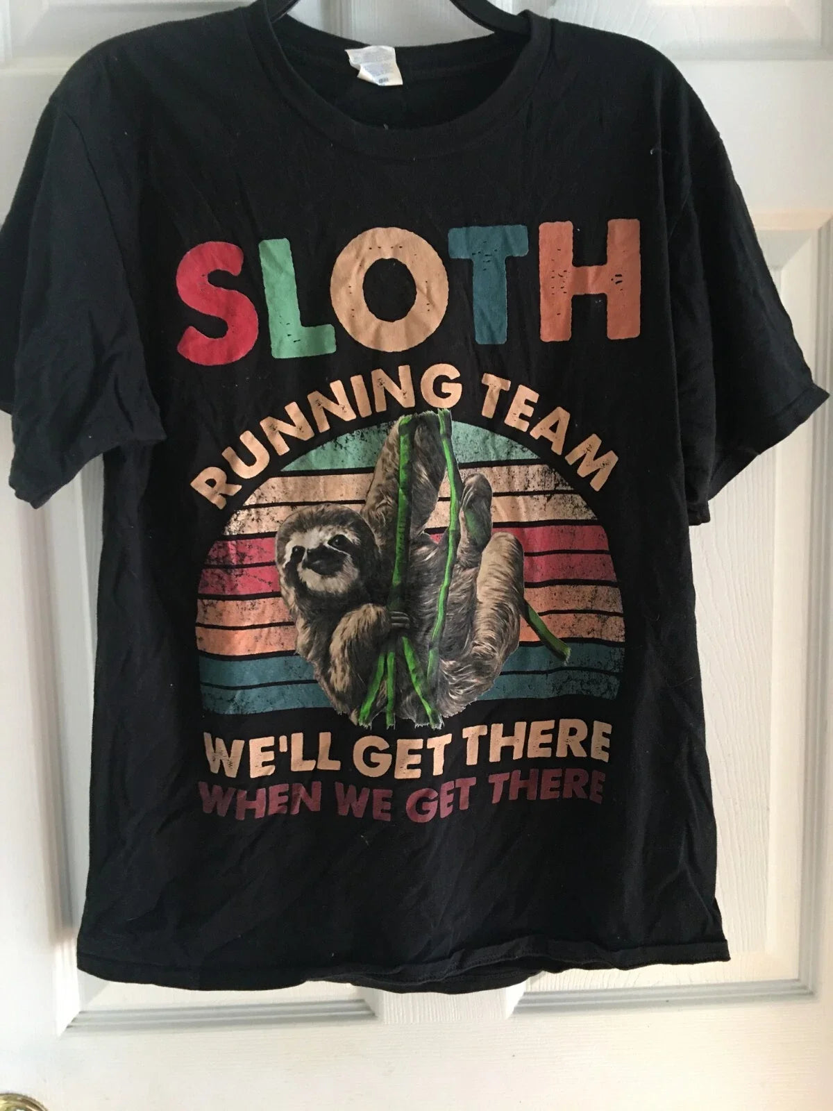 Sloth Running Team "We will get there" T-shirt  Funny Lazy Workout Tee Size M