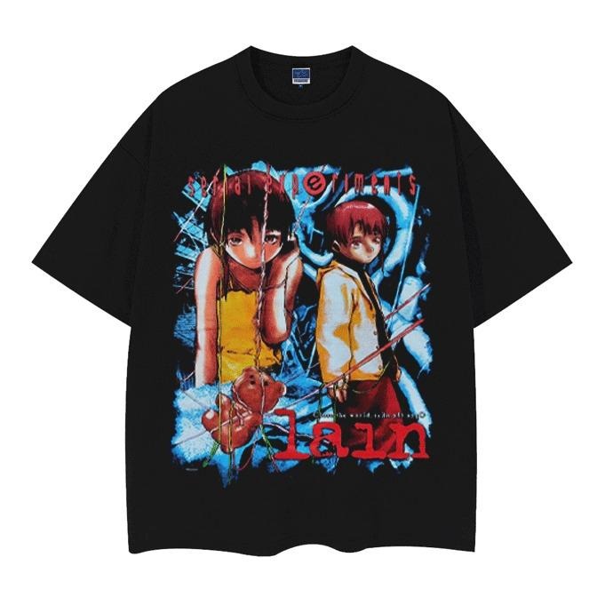 serial experiments lain"Dual Selves" Vintage Oversized Tee Anime T-shirt 100% Cotton Original Design Men's Top Streetwear...