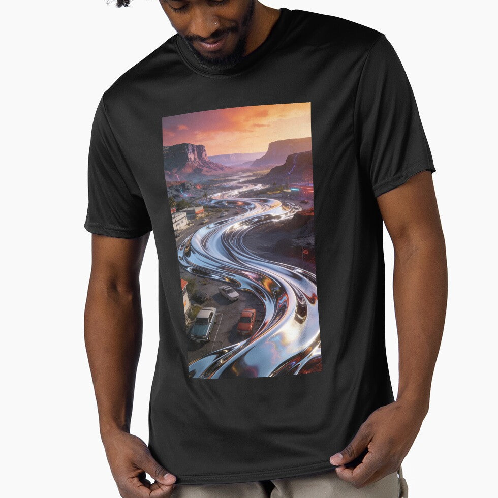 Liquid Chrome Road Trip Art | Retro-Futurism Desert Sunset Landscape | Outrun Vaporwave Aesthetic Poster by Cherrydora