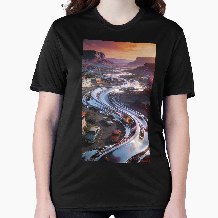 Liquid Chrome Road Trip Art | Retro-Futurism Desert Sunset Landscape | Outrun Vaporwave Aesthetic Poster by Cherrydora