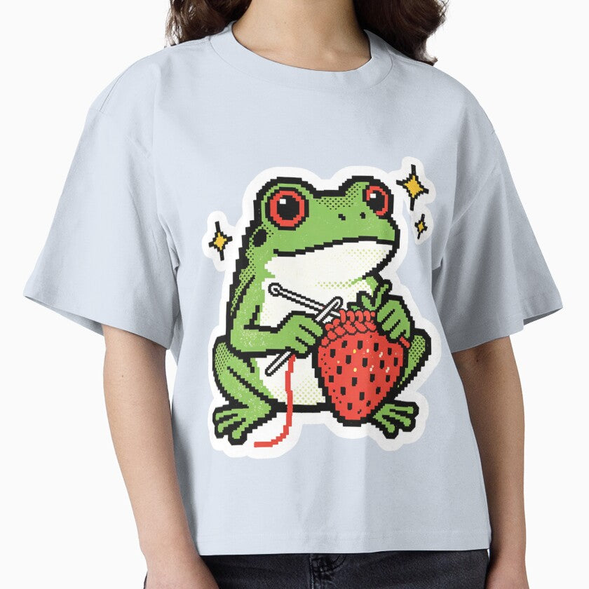 Whimsical Pixel Art Frog Knitting a Strawberry - Retro 8-bit Gamer Craft Vibe by Cherrydora