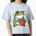 Whimsical Pixel Art Frog Knitting a Strawberry - Retro 8-bit Gamer Craft Vibe by Cherrydora