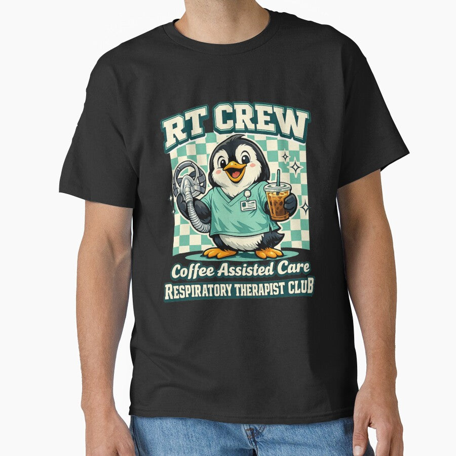 Funny Penguin Respiratory Therapist Shirt – RT Crew Coffee Assisted Care Cute Medical Mascot Retro Checkered Graphic Tee by ClinicalHubs