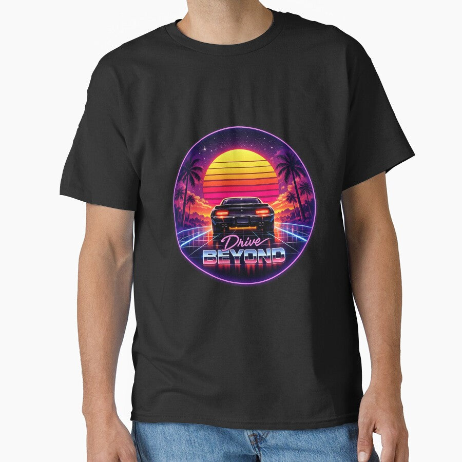 Drive Beyond — Retrowave Synthwave 80s Neon Car Sunset Palm Trees Night Art by ArtoryWorks