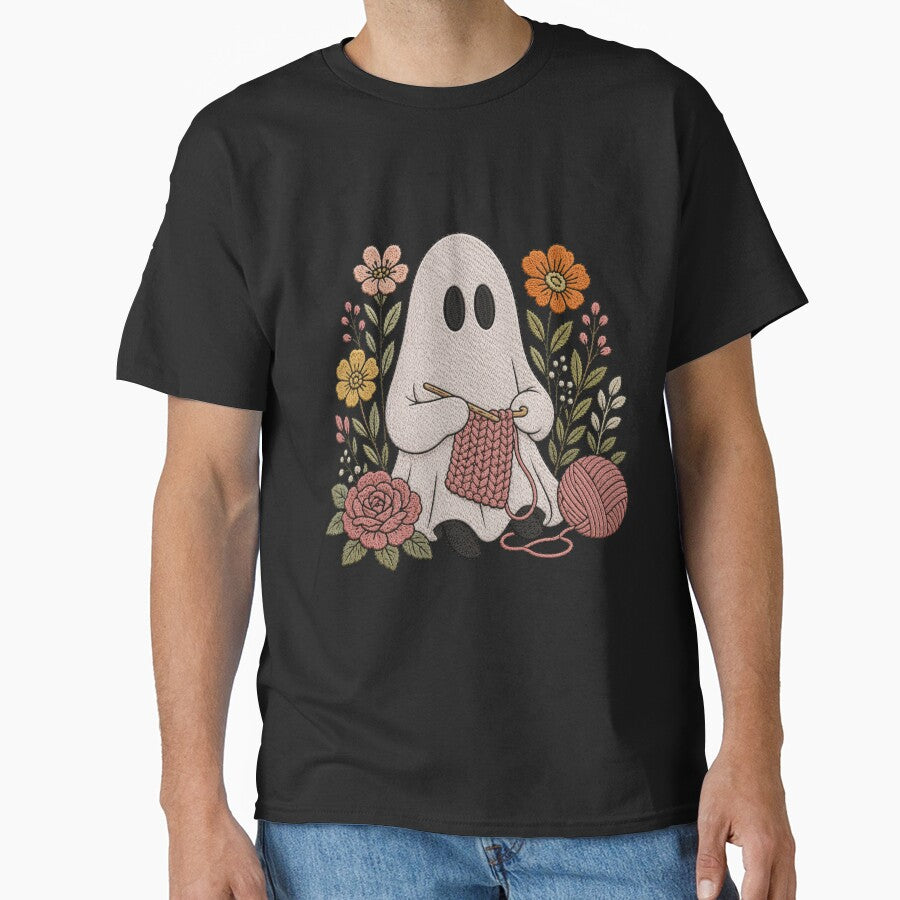 Crocheting Ghost Cute Embroidery Style Knitting Ghost Cozy Floral Aesthetic Design by ColorSplash123