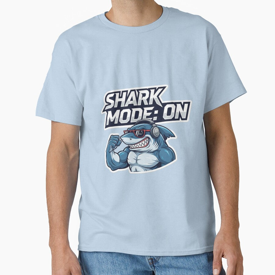 Shark Mode: ON – Cool Muscular Shark with Headphones Funny Gym Ocean Design by AquaPawsStudio