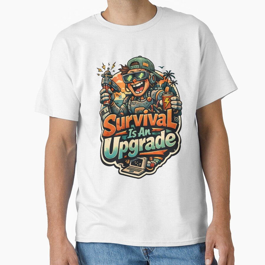 Survival Is An Upgrade Funny Tech Humor Retro Aesthetic - Vintage 90s Cyberpunk Gamer Art - Motivational IT Professional Graphic - Summer Beach Sunset Glitch Core Design for Developers & Geeks by Vivaan Studio