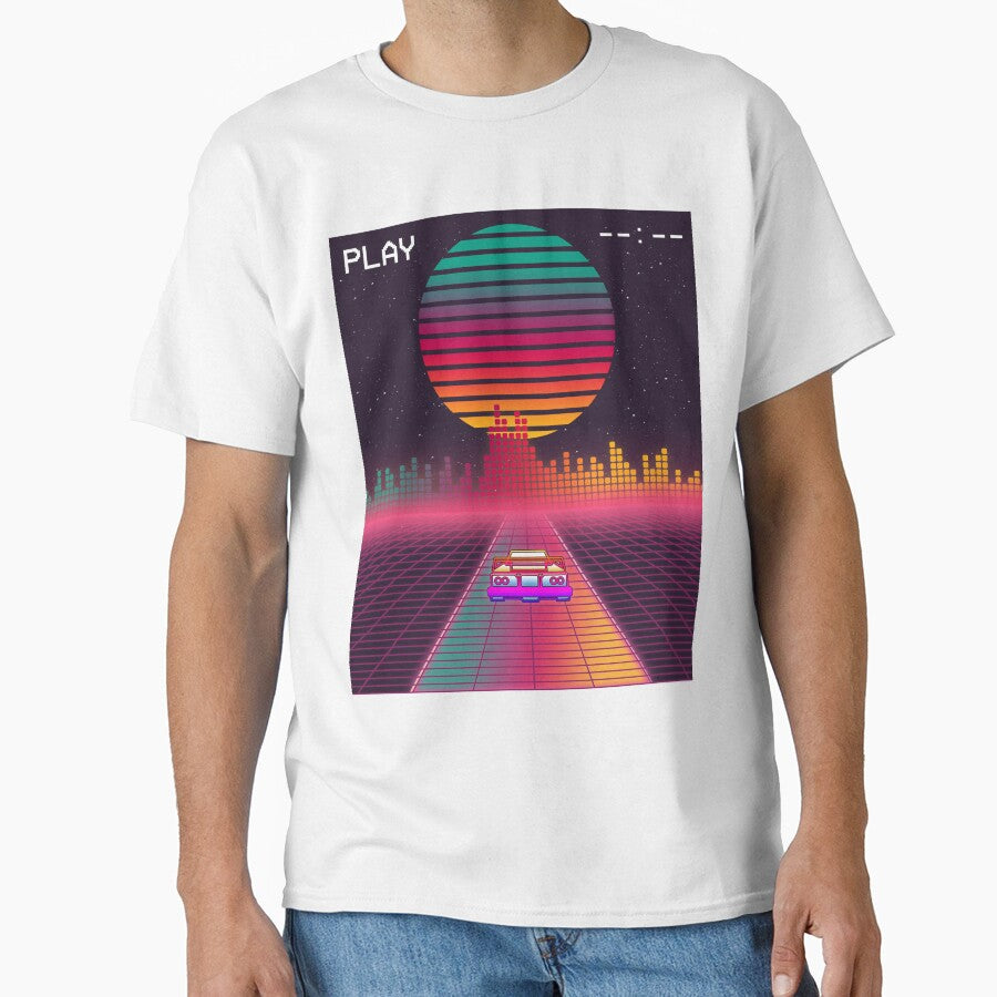 Retro 80s Cyberpunk Synthwave Sunset fast car in Outrun grid design by D-C-Designs