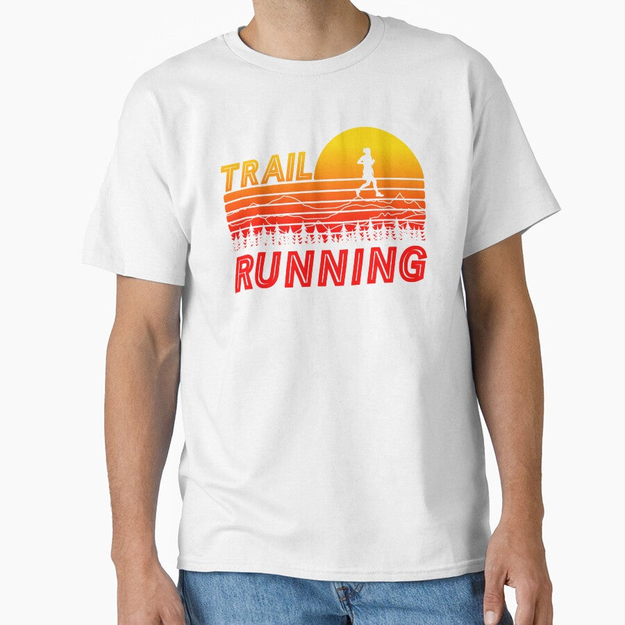 Trail running in orange sunset with mountains and forest by wejollydigitals