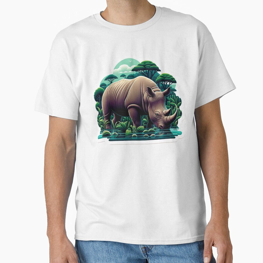 Majestic Javan Rhinoceros Grazing in a Lush Tropical Swamp by KreaDesignOne