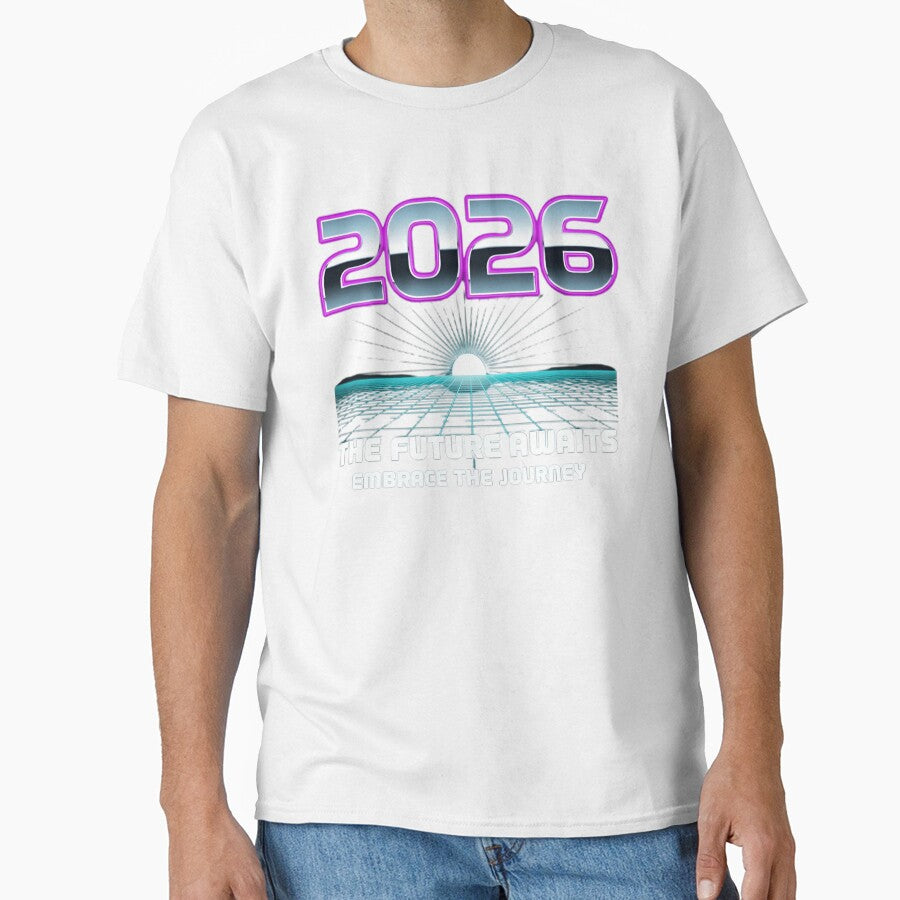 Synthwave 2026 New Year T-Shirt | Retro 80s Futuristic Neon Grid Graphic Tee by Whispering Colors
