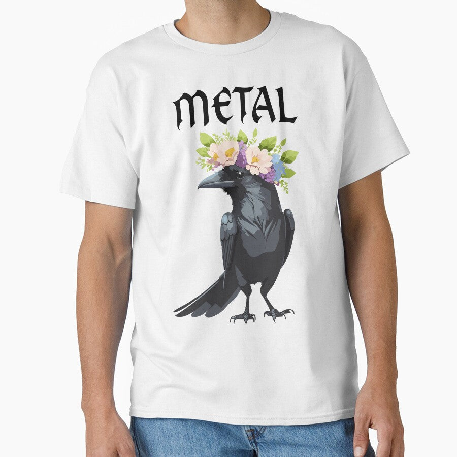 Gothic feminine metal design of crow wearing a flower-crown by Modern-Phantom