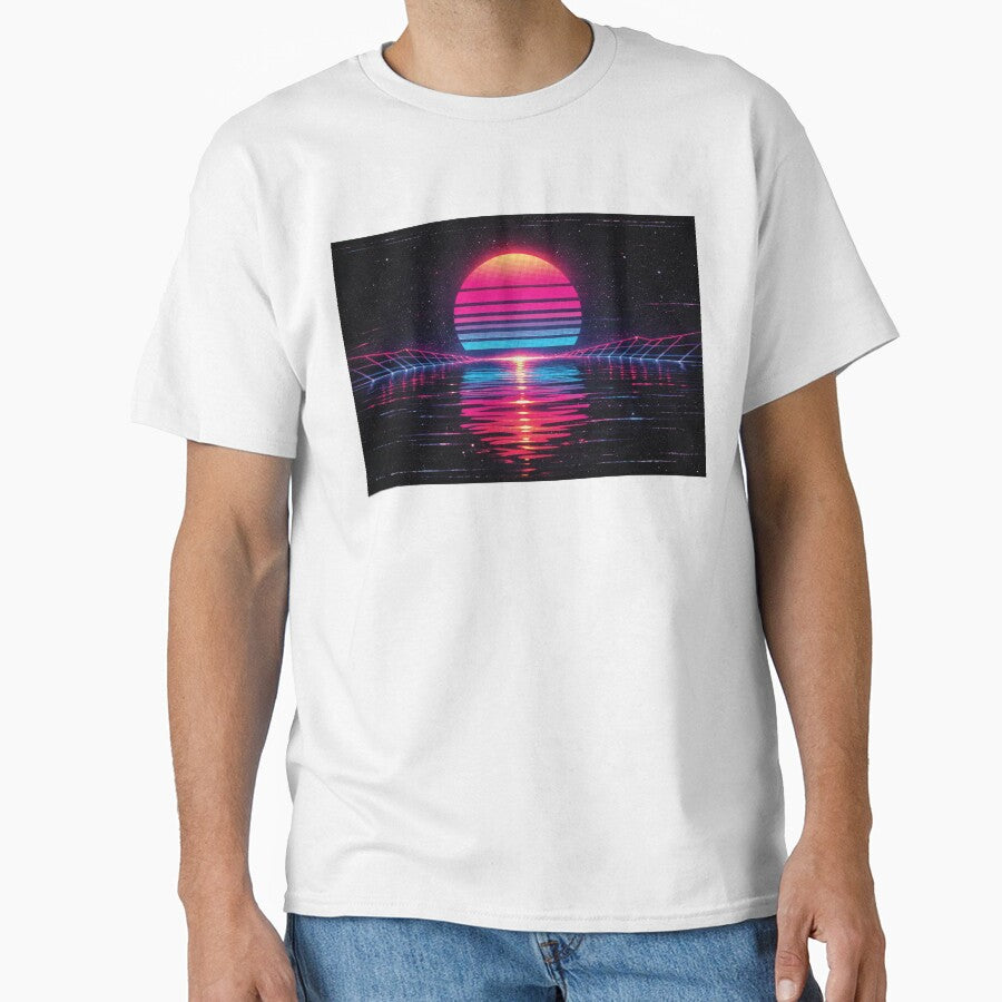 Neon blue and pink retro sunset with halftone grid lines reflecting on calm water by Dejbar