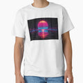 Neon blue and pink retro sunset with halftone grid lines reflecting on calm water by Dejbar