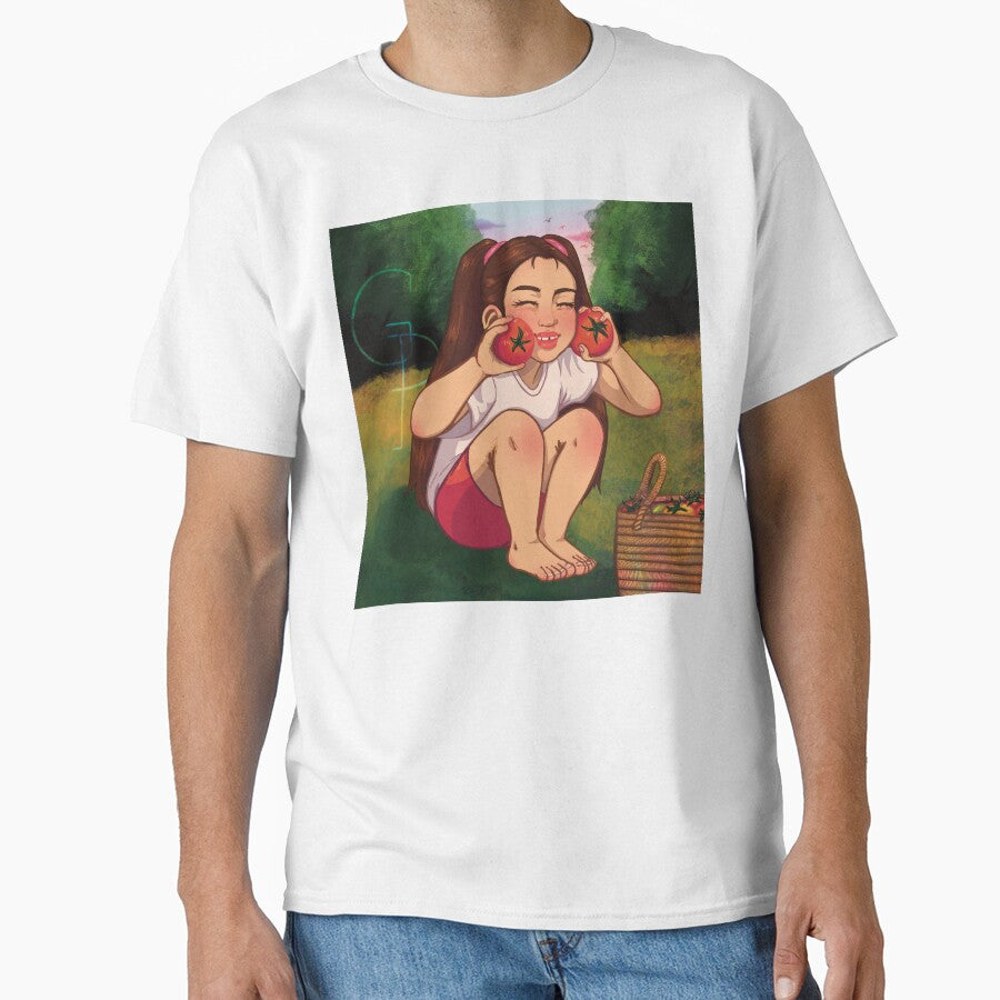 Smiling girl holding tomatoes in a field during sunset by Gemma-Pricot