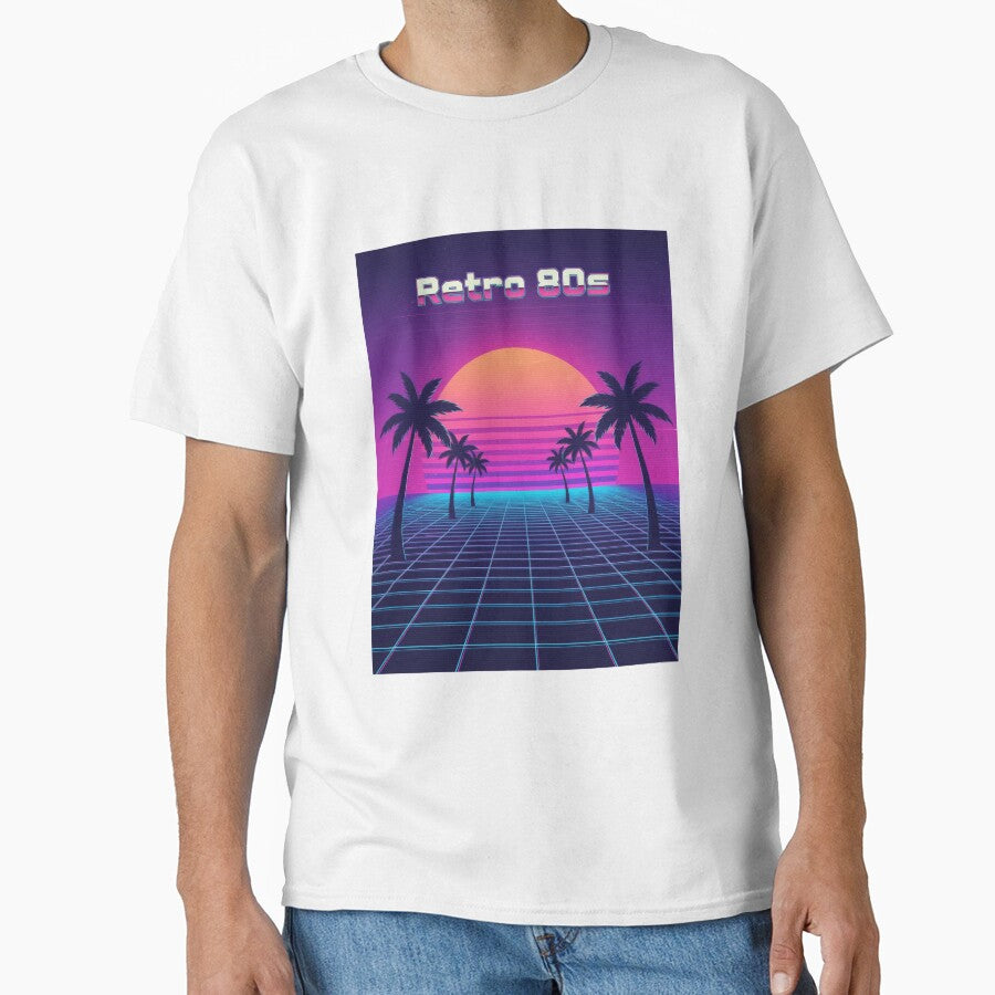 Retro 80s Synthwave Sunset with Palm Trees and Neon Grid by seven things shop