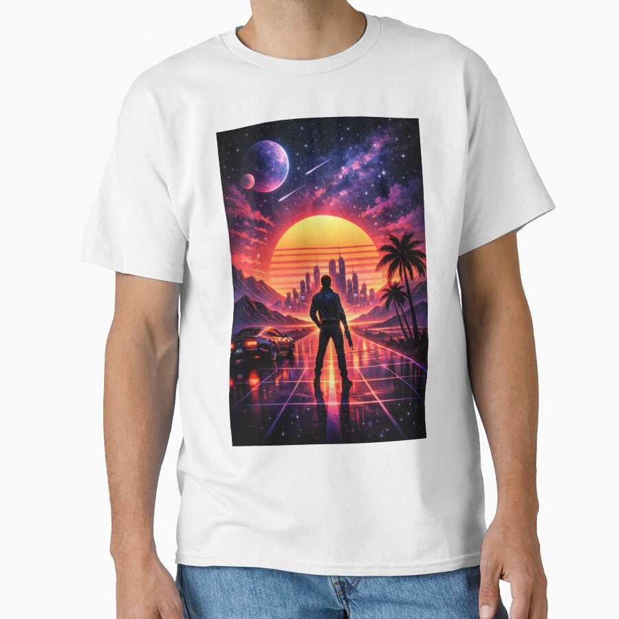 Synthwave Outrun City – Neon Cyberpunk Sunset Grid Retro Futuristic Artwork by 486DesignCo