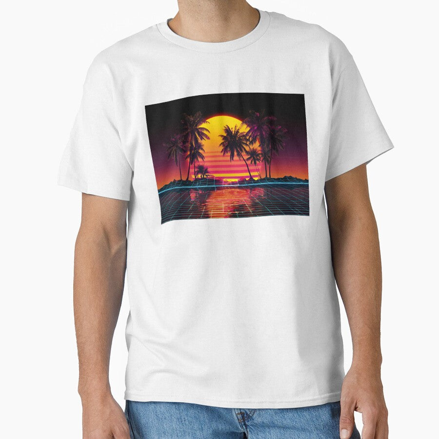Magenta Neon Palm Trees Reflecting in Starry Retrowave Grid Sunset by EK-World