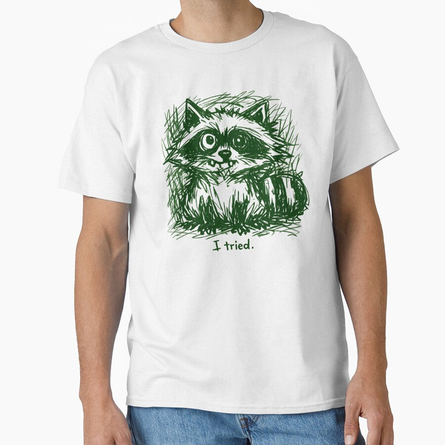 Ugly Cute Raccoon “I Tried” – Messy Sketch Anti Design Forest Green by JonelCrafts
