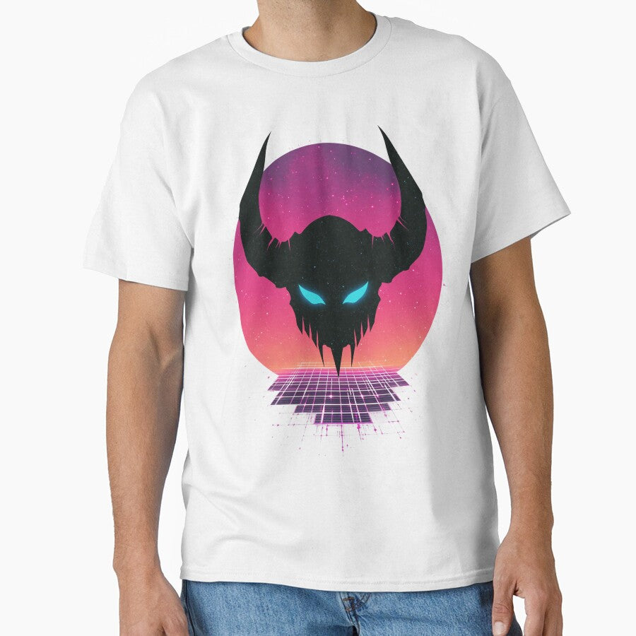 Synthwave Devil Emblem – Neon demon skull in front of a retro sun by Meiersbeste
