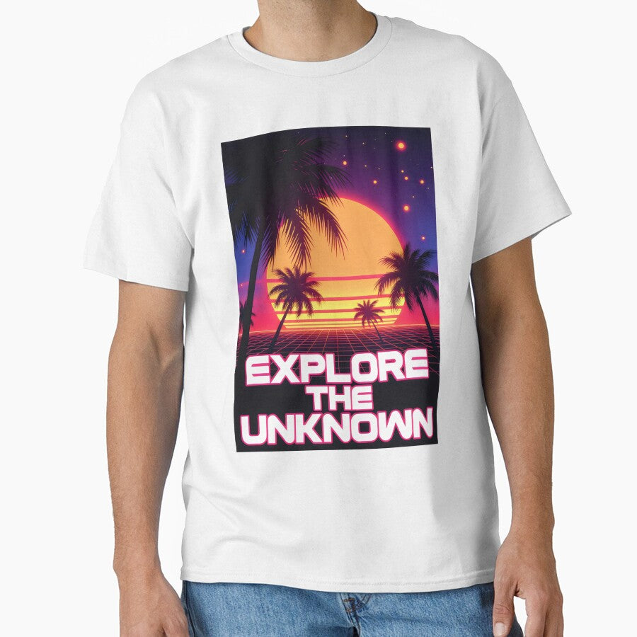 Explore the Unknown Retro Sunset Design with Grid, Palms and Cosmic Adventure Vibes by SplashTastic