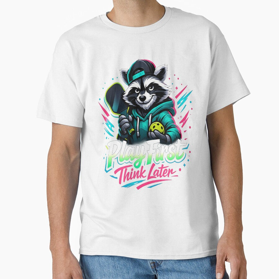 Play First Think Later Raccoon Pickleball Neon Art by Xemora