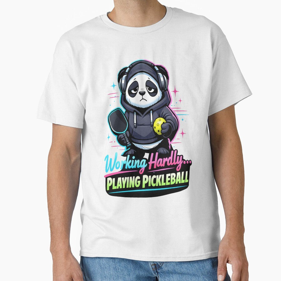 Working Hardly Playing Pickleball Panda Neon Lo-fi Art by Xemora