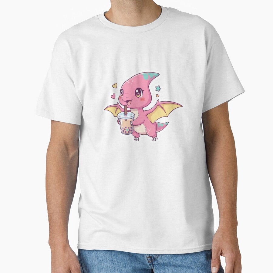 Cute Kawaii Pink Pterodactyl Dinosaur Drinking Boba Bubble Tea Sticker for Girls and Anime Lovers by bvdesignart