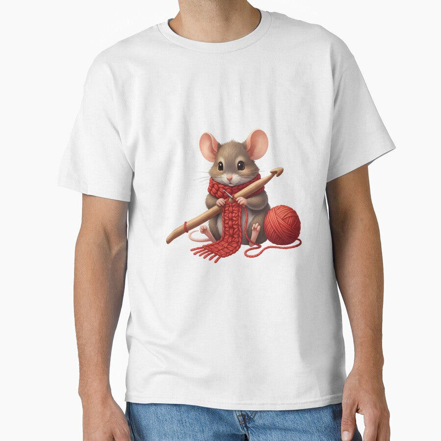 Cozy Mouse Crocheting a Red Scarf - Cute Mouse & Hobbies Series by EnlightArt
