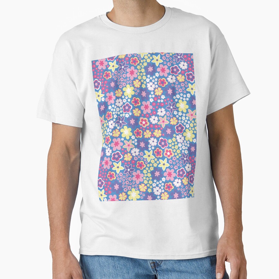 Blue Pastel 60s retro flower power, purple, pink, pastel yellow, 60s groovy pattern, hippie flowers by blomastudios