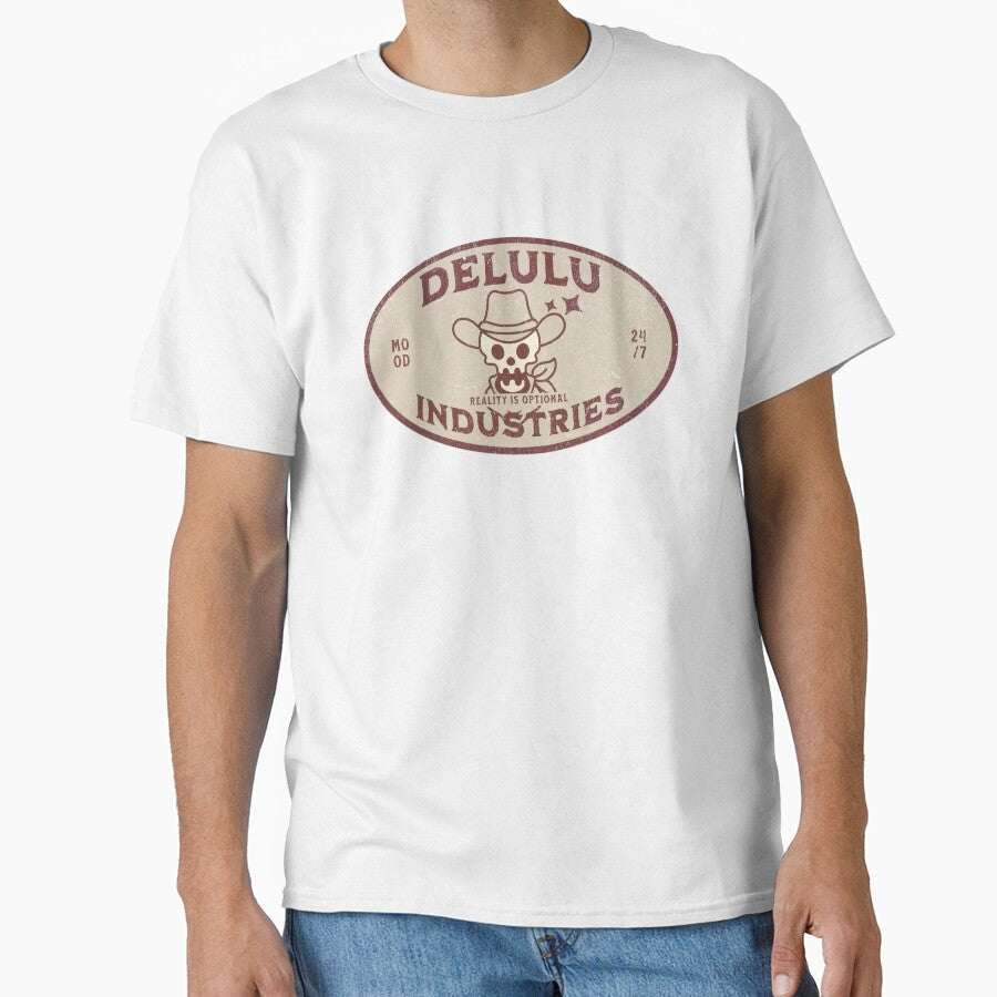 Funny Delulu Shirt Delulu Industries Retro Cowboy Aesthetic Reality Is Optional Neurodivergent Logo Retro Style Mental Health Humor by RealLifeMerchies
