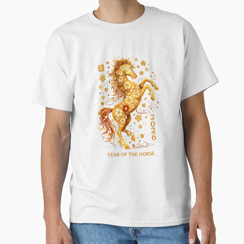 2026 Year of the Horse, Golden Chinese Zodiac Lunar New Year Gift, Floral Horse Asian Art Graphic Tee by saloui