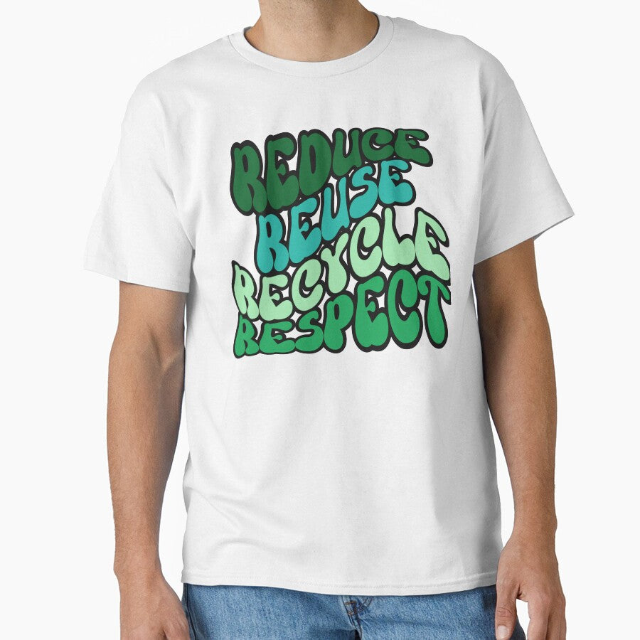 REDUCE REUSE RECYCLE RESPECT Earth Day save the planet retro wavy text design by Jt41