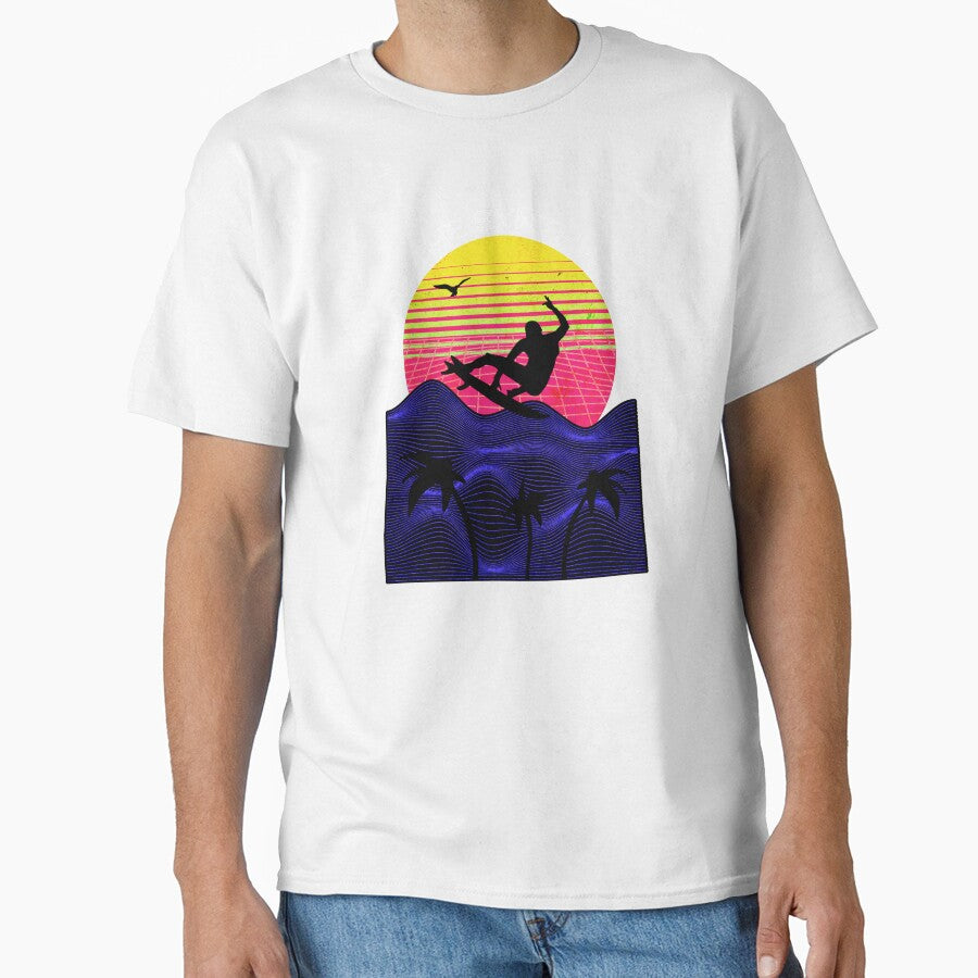 Ride the Synthwave 80s Vaporwave Retro Sunset Surfer at Beach by Wild-Neptune