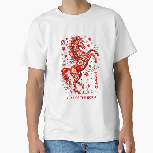 2026 Year of the Horse, Chinese Zodiac Lunar New Year Shirt Gift, Floral Red Horse Asian Art Graphic Tee by saloui