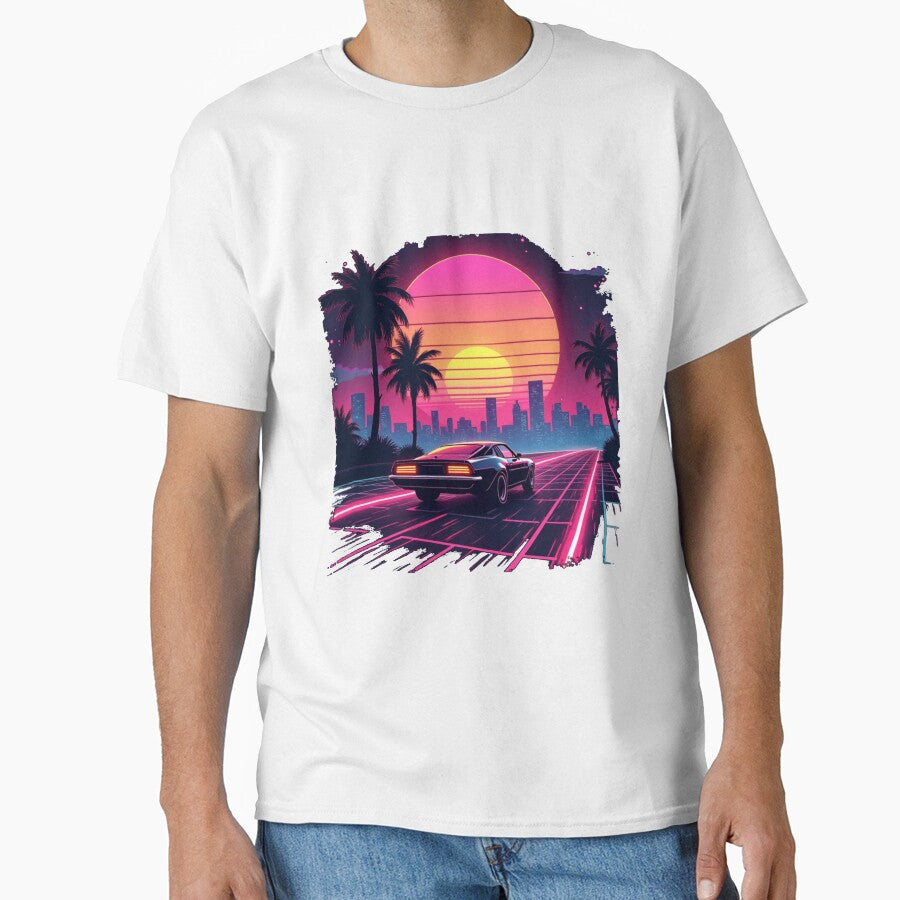 Retro 80s Synthwave T-Shirt – Neon Sunset & Futuristic Car Design by Madustoks