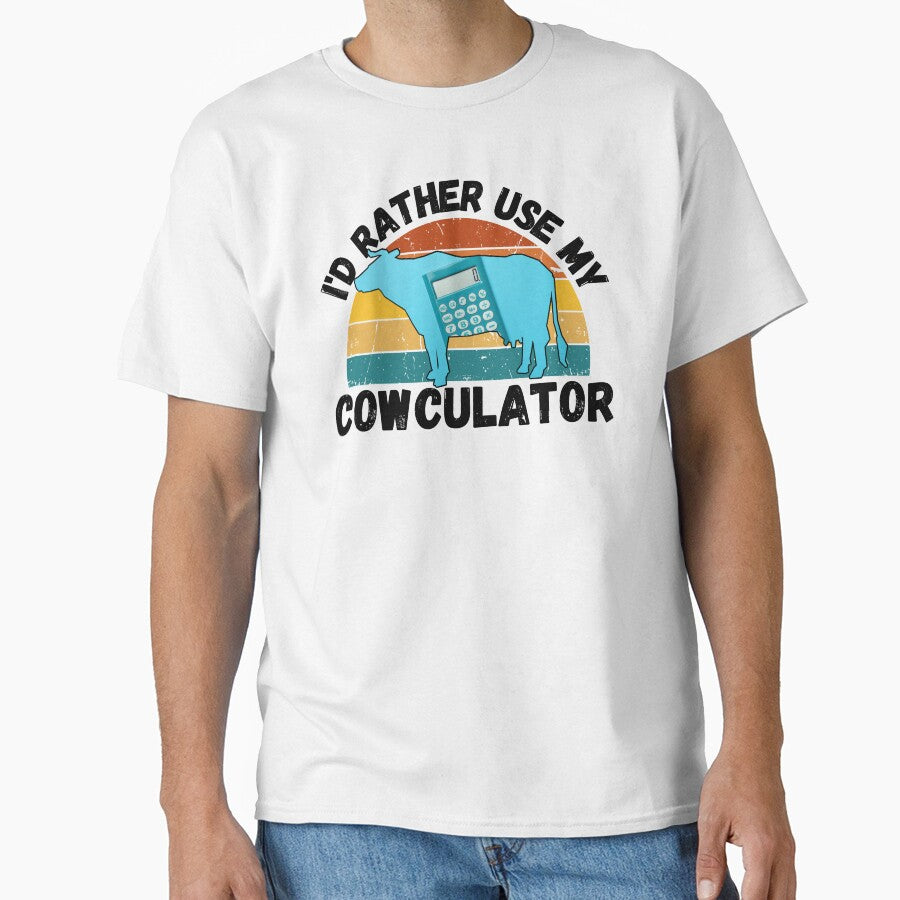 Black version of Light Blue Math Cow with Vintage sunset "Cow-Culator" jokes Funny colorful cow puns Calculator by FarmsteadAcers
