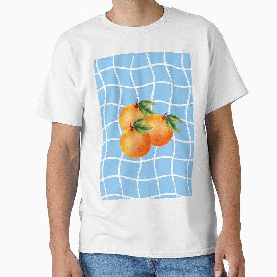 Watercolor Oranges on Light Blue Wavy Grid Background by samahl_l