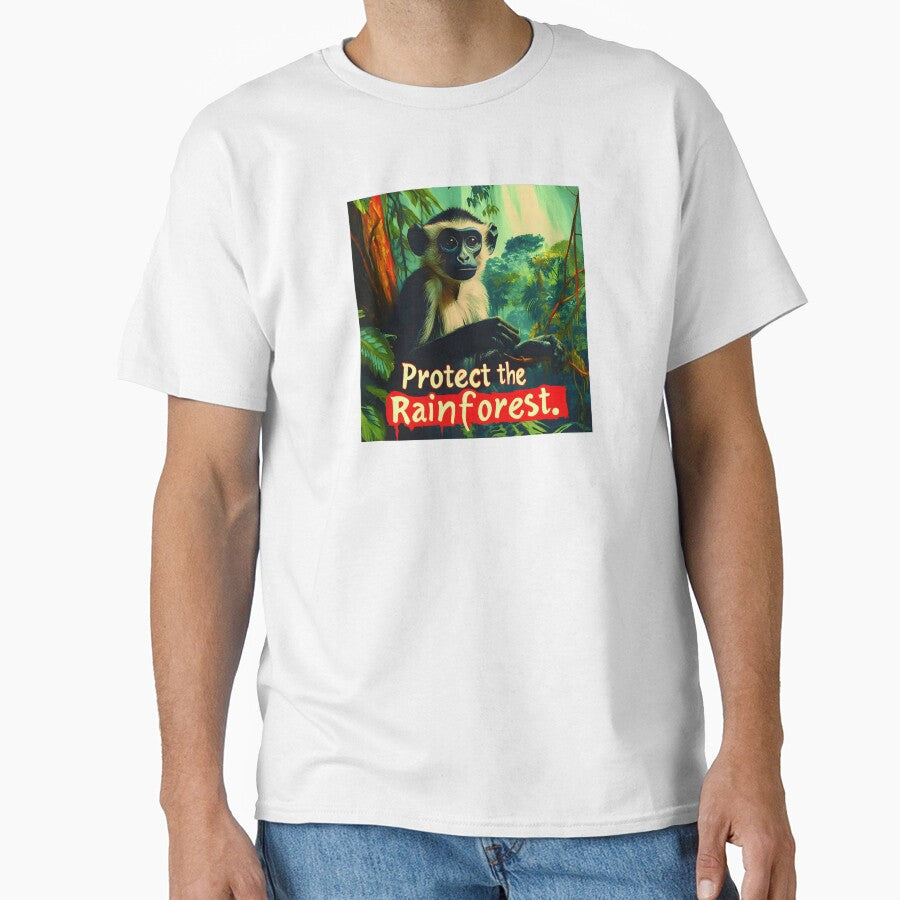 Protect the Rainforest design with monkey in lush jungle, promoting wildlife conservation and environmental awareness message by ArtPetrenko90