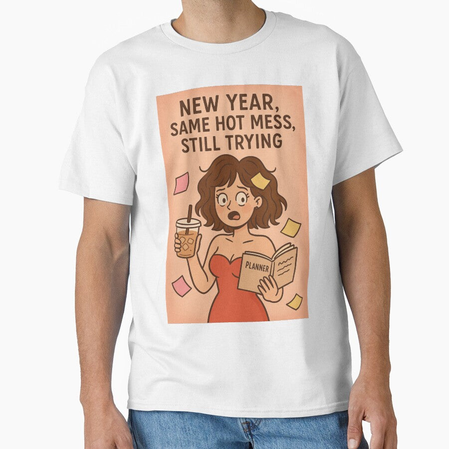Funny New Year Greeting with Frazzled Woman, Iced Coffee and Planner Chaos by Places On Earth